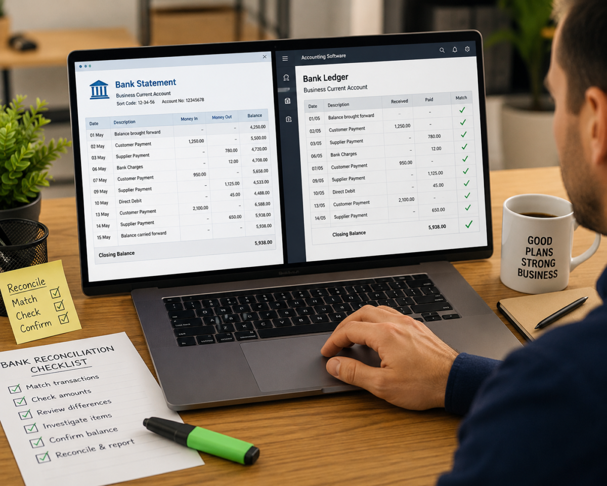 A small business owner at a laptop with two windows open side by side — a bank statement and an accounting software ledger — with a highlighter and a tick-mark checklist on the desk, symbolising the matching process of bank reconciliation.