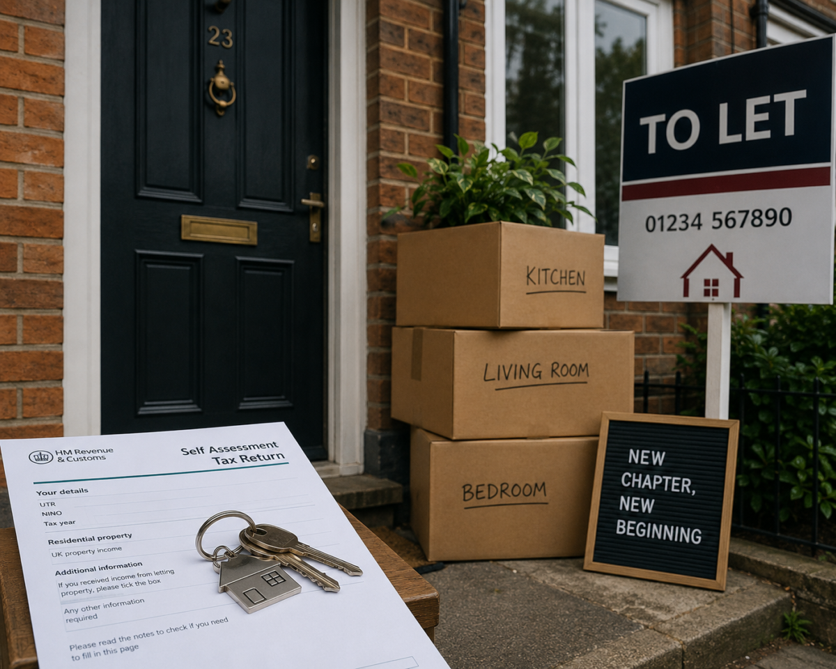 A young couple's moving boxes stacked beside a "To Let" sign outside their old front door, with a set of house keys resting on top of a tax return, symbolising the accidental landlord transition.