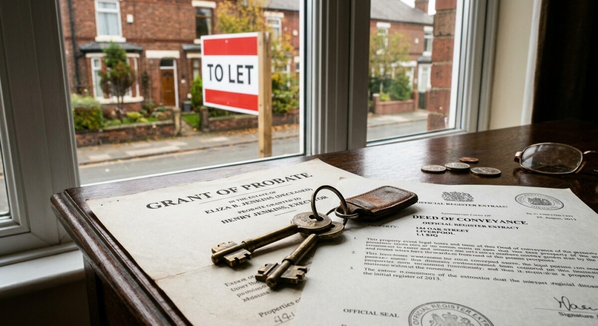 A set of house keys resting on a probate document and a property deed, with a "To Let" sign visible through a nearby window, symbolising inheriting a rental property and its associated tax obligations. ARTICLE HTML: