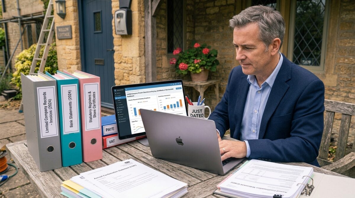 A company director at a desk with a laptop showing cloud accounting software, alongside a labelled filing system for invoices, bank statements and statutory registers, symbolising organised limited company record-keeping.