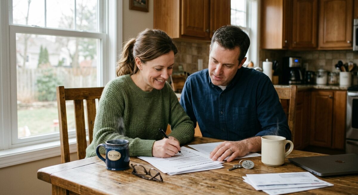 A couple reviewing paperwork together at a kitchen table with a rental property key and two coffee cups, symbolising jointly managing a shared property tax disclosure.