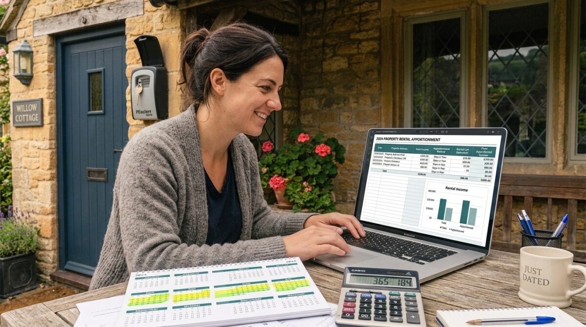 Let Property Campaign FEATURED IMAGE CONCEPT: A calendar with several months highlighted and others left blank, alongside a calculator and a rental income spreadsheet, symbolising apportioning income across a partial letting period.