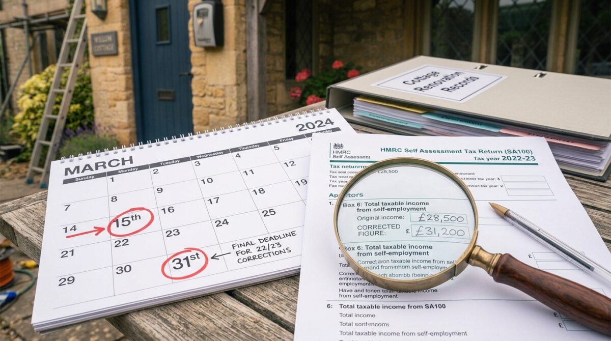 A close-up of a calendar with several key dates marked, alongside a magnifying glass over a printed tax return, symbolising the different time windows for correcting a Self Assessment error.
