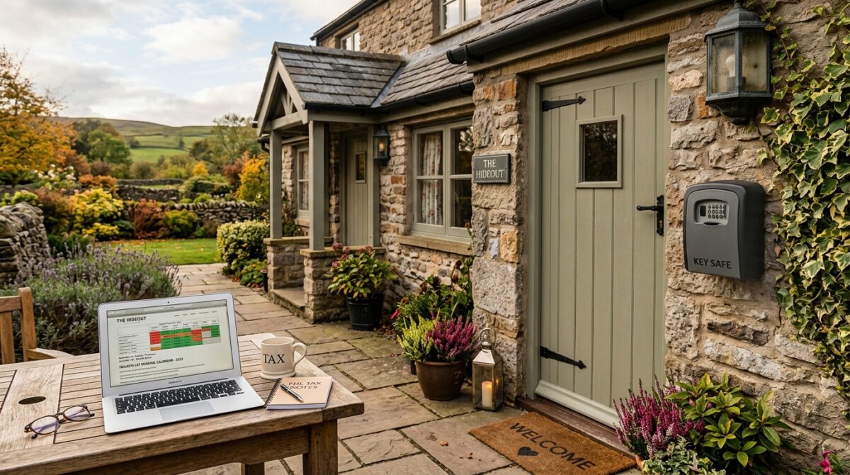 A cosy holiday cottage with a key safe by the door and a laptop showing a booking calendar on a nearby table, symbolising a furnished holiday let business reviewing its tax position.