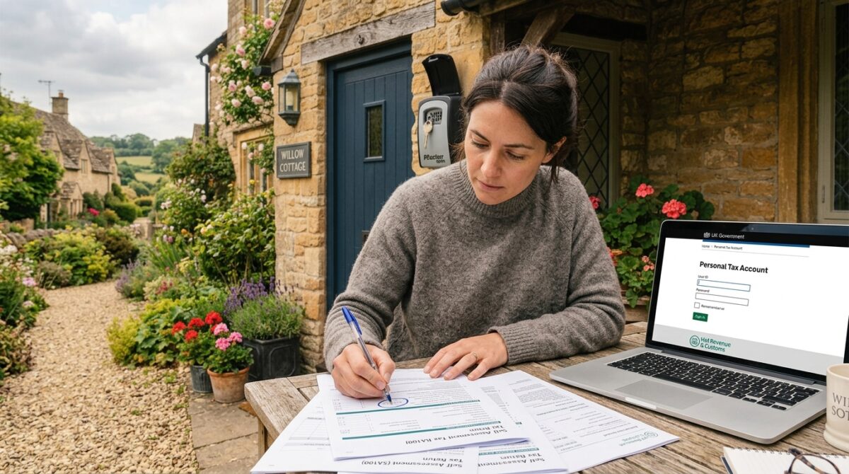 A person at a desk reviewing a printed Self Assessment tax return with a pen, circling a figure, next to a laptop showing the HMRC online account login screen, symbolising the correction process.