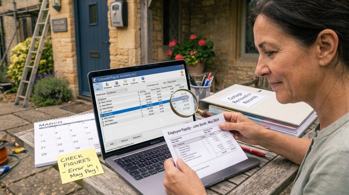 A small business owner reviewing a payslip and a laptop screen showing payroll software, with a sticky note reading "check figures" on the desk, symbolising catching and correcting a payroll error.