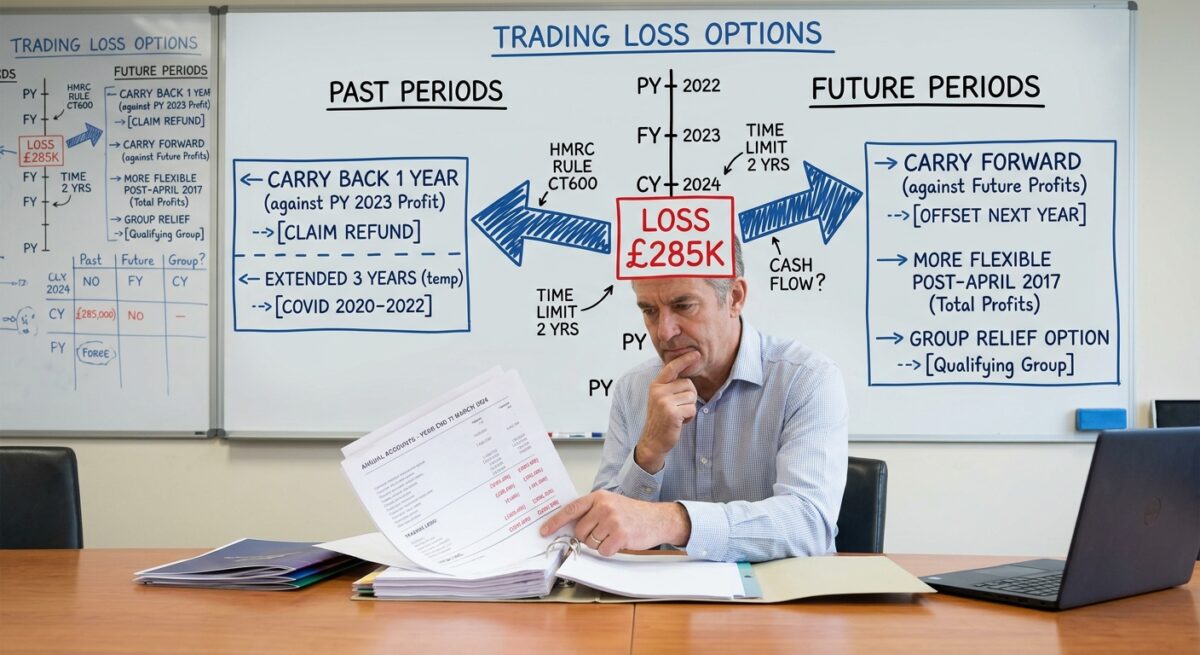 A company director reviewing a set of accounts showing a loss figure in red, with arrows sketched on a whiteboard behind them pointing both backward and forward, symbolising the choice between carrying a loss back or forward.