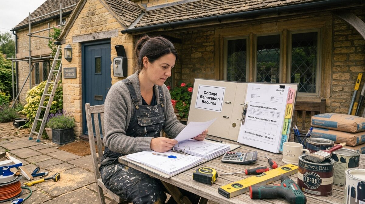 A rental property mid-renovation with tools and paint tins visible, alongside a folder of labelled invoices and receipts on a nearby table, symbolising organising renovation records for a tax disclosure.