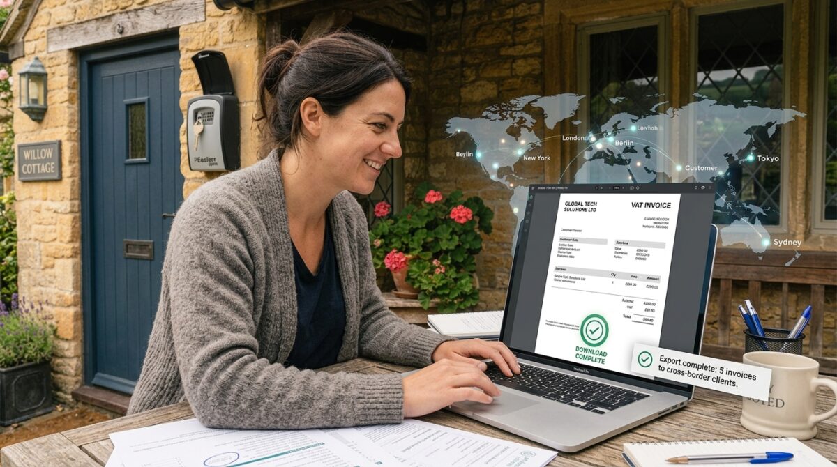 Small Business FEATURED IMAGE CONCEPT: A small business owner at a laptop with a world map overlay showing customer locations, a "download complete" icon, and a VAT invoice on screen, symbolising cross-border digital sales