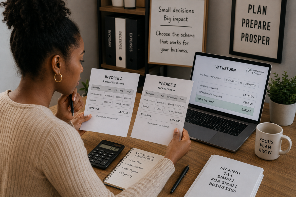 A small business owner comparing two invoices side by side at a desk, with a simple calculator and a VAT return on screen, symbolising choosing between two VAT schemes.